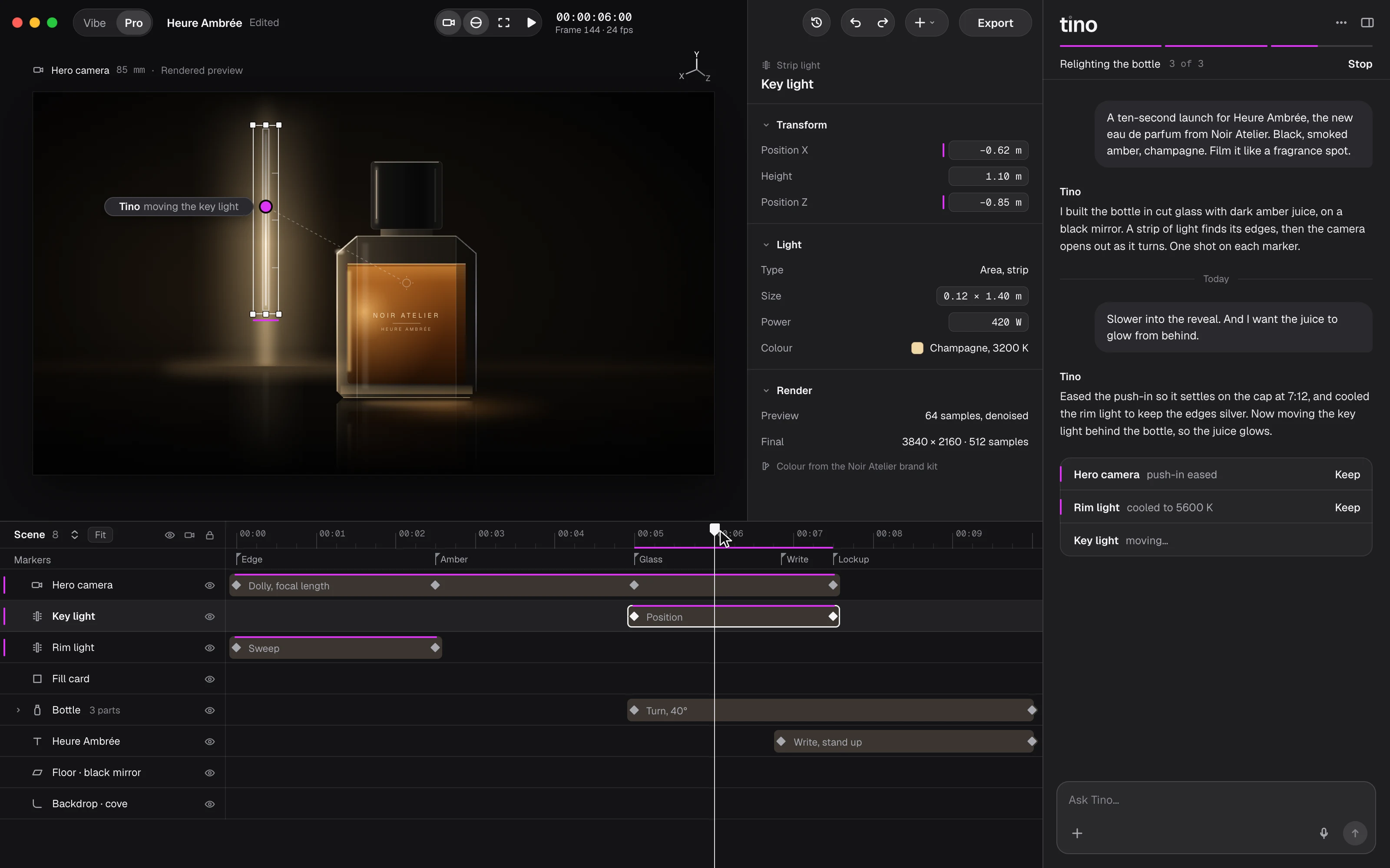 A design preview of the 3D studio: Tino moving the key light beside a cut-glass perfume bottle on a black mirror floor.