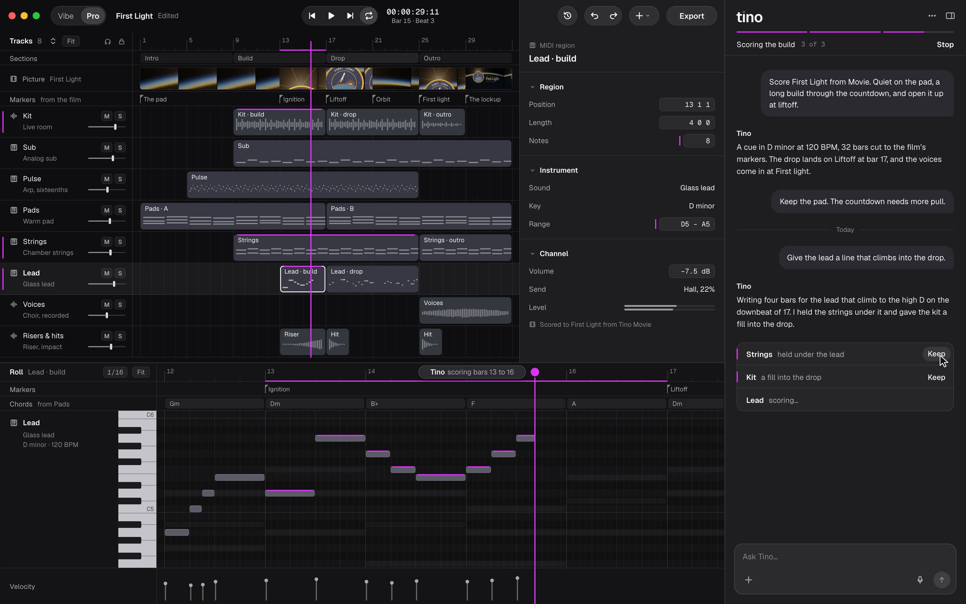 A design preview of the Music studio: the film First Light above its score, with Tino writing a lead line in bars 3 to 4.