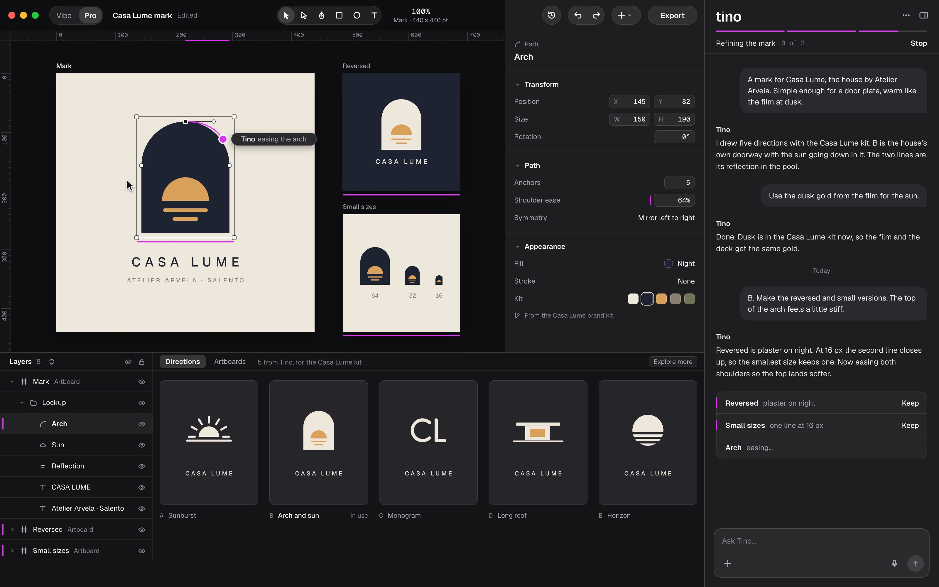 A design preview of the Vector studio: Tino easing the arch of the Casa Lume mark, a gold sun setting in a night-blue doorway.
