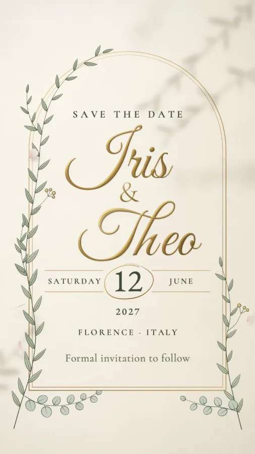 Iris & Theo: gilded names under an olive arch.