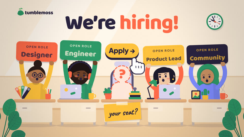 We’re Hiring: an illustrated studio with an empty desk in the middle.